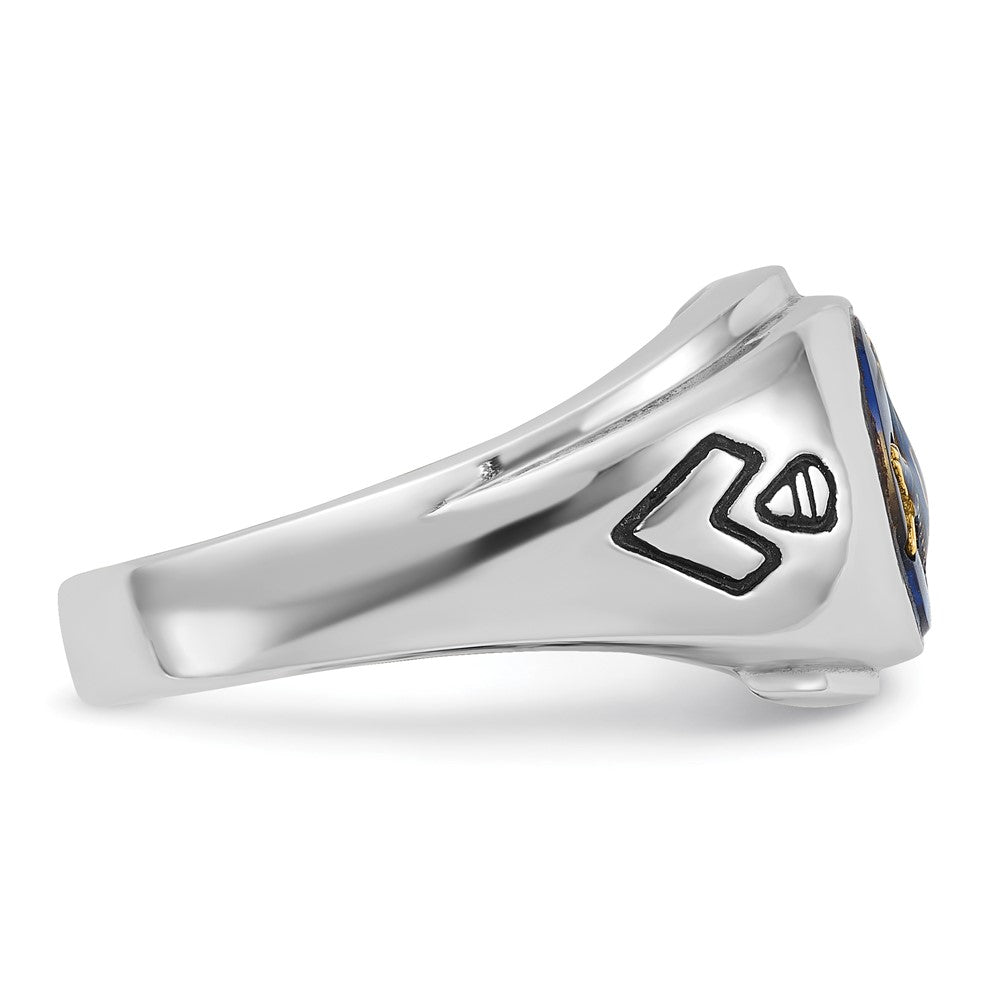 14k White Gold Mens Polished Antiqued and Grooved with Imitation Blue Spinel Masonic Ring