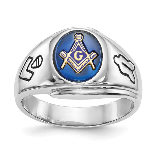14k White Gold Mens Polished Antiqued and Grooved with Imitation Blue Spinel Masonic Ring