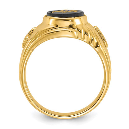 14k Yellow Gold Mens Polished and Textured with Oval Onyx Masonic Ring