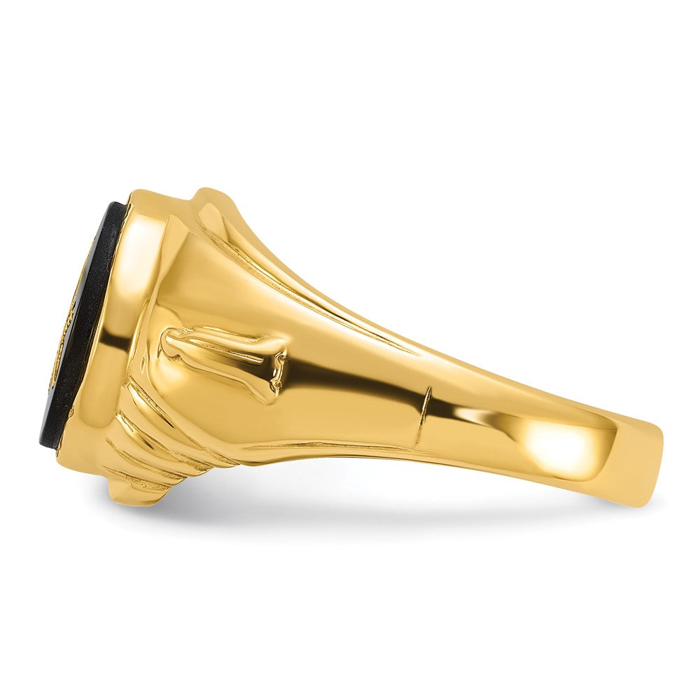 14k Yellow Gold Mens Polished and Textured with Oval Onyx Masonic Ring