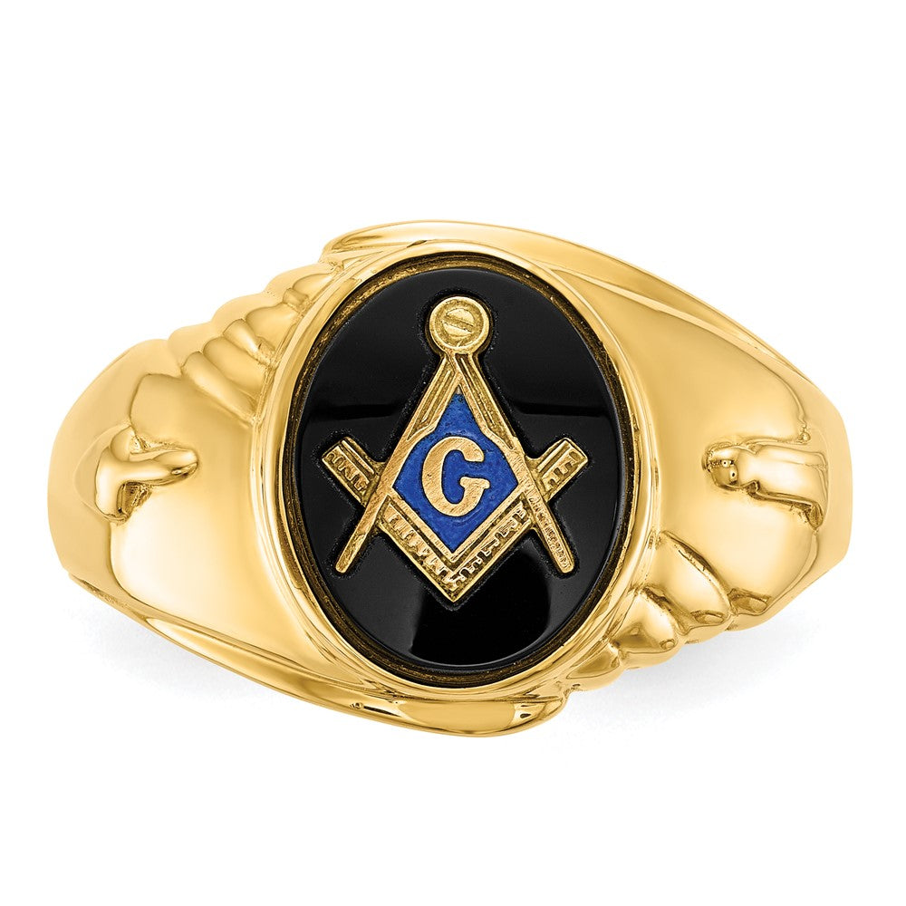 14k Yellow Gold Mens Polished and Textured with Oval Onyx Masonic Ring