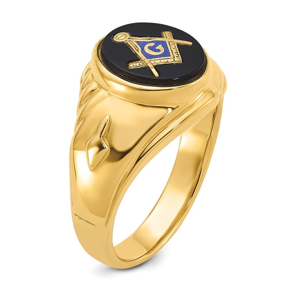 14k Yellow Gold Mens Polished and Textured with Oval Onyx Masonic Ring
