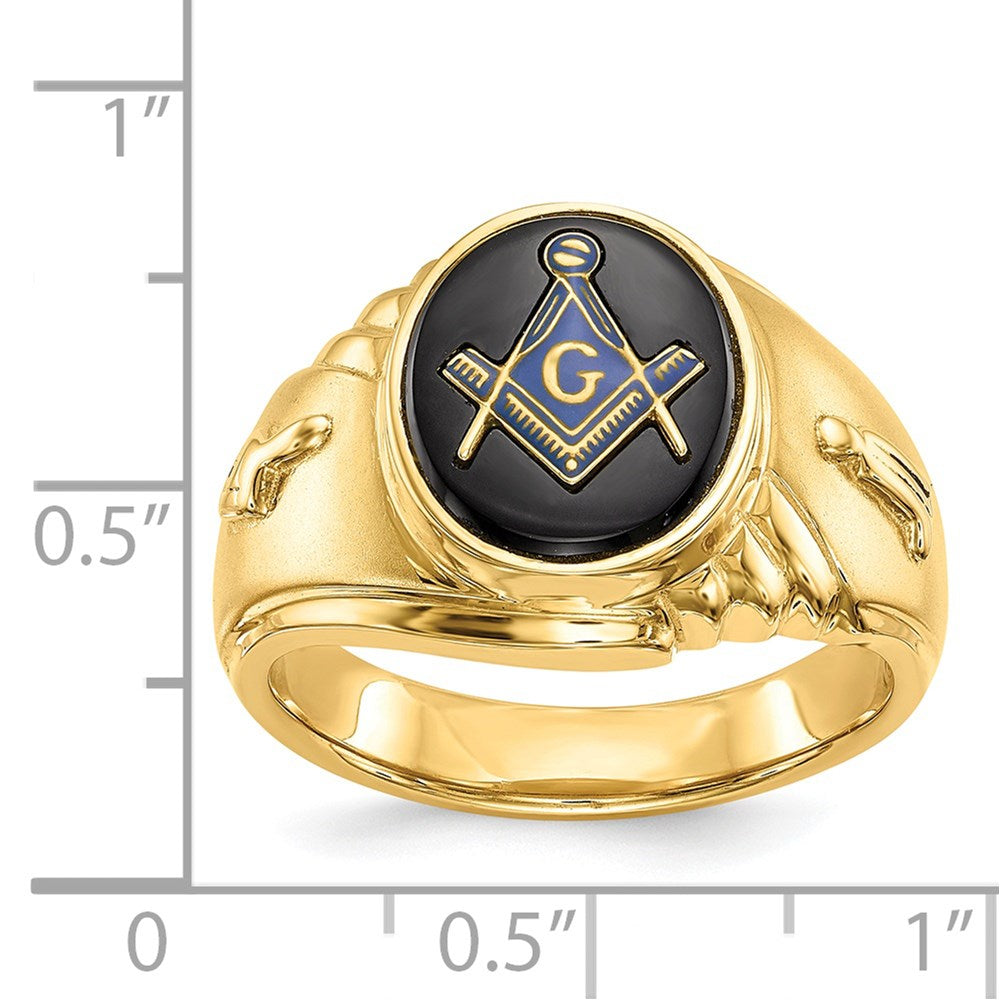 14k Yellow Gold Mens Polished and Textured with Oval Onyx Masonic Ring