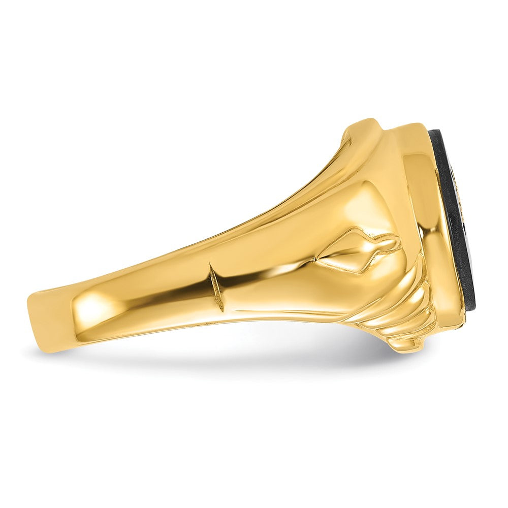 14k Yellow Gold Mens Polished and Textured with Oval Onyx Masonic Ring