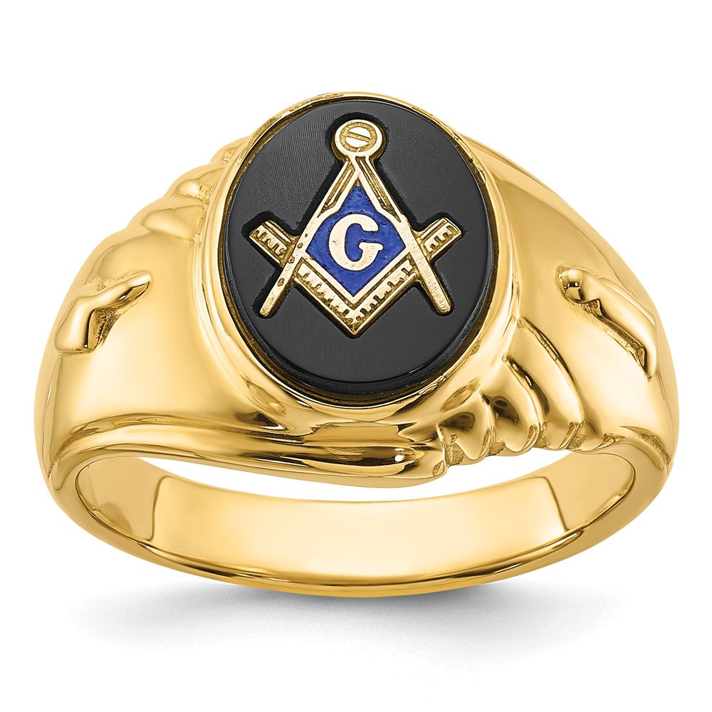 14k Yellow Gold Mens Polished and Textured with Oval Onyx Masonic Ring