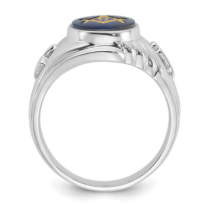 14k White Gold Mens Polished and Textured with Imitation Blue Spinel Masonic Ring
