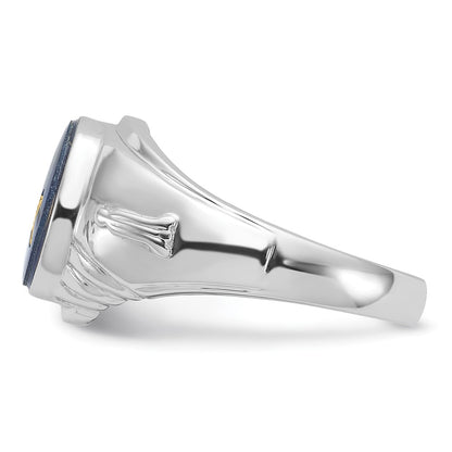 14k White Gold Mens Polished and Textured with Imitation Blue Spinel Masonic Ring