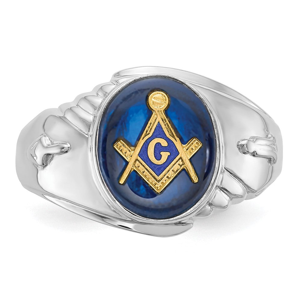 14k White Gold Mens Polished and Textured with Imitation Blue Spinel Masonic Ring