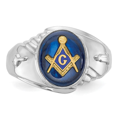 14k White Gold Mens Polished and Textured with Imitation Blue Spinel Masonic Ring