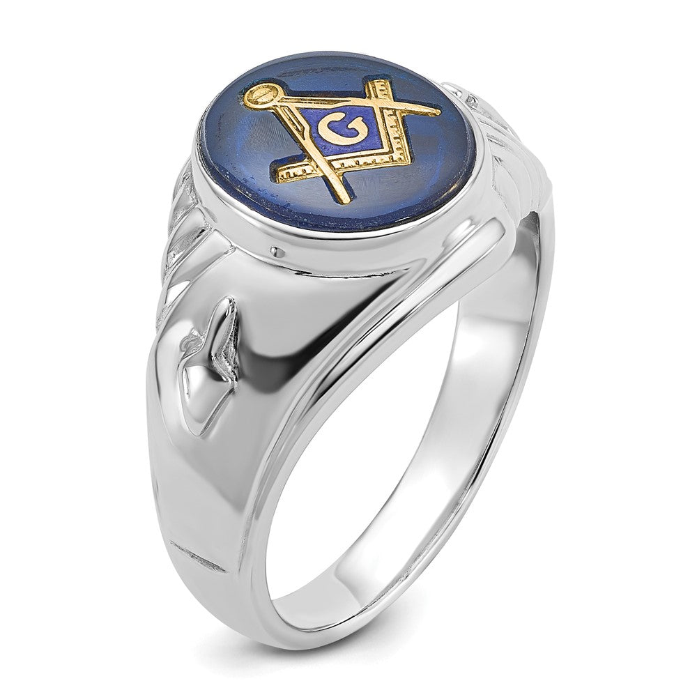 14k White Gold Mens Polished and Textured with Imitation Blue Spinel Masonic Ring