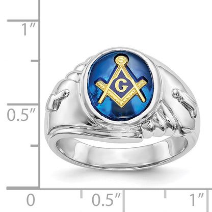 14k White Gold Mens Polished and Textured with Imitation Blue Spinel Masonic Ring