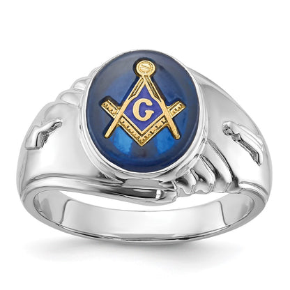 14k White Gold Mens Polished and Textured with Imitation Blue Spinel Masonic Ring