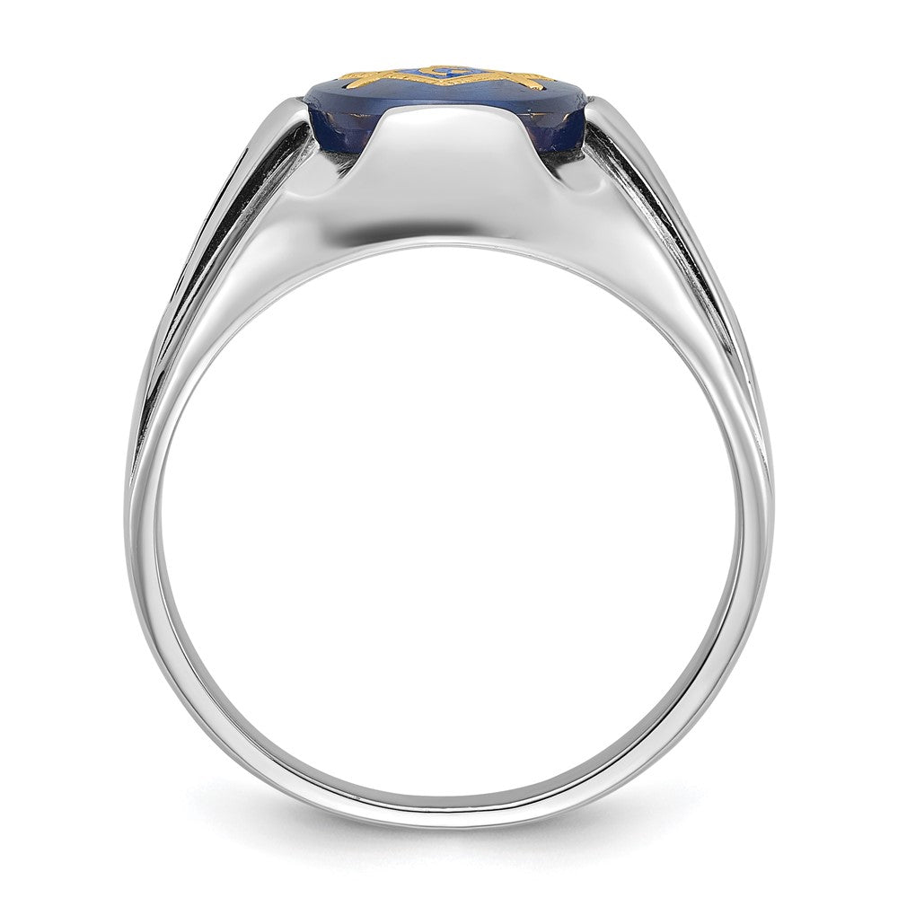 14k White Gold Mens Polished Antiqued and Grooved with Imitation Blue Spinel Masonic Ring