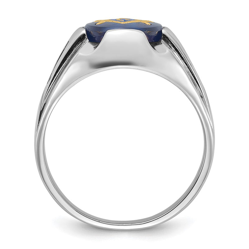 14k White Gold Mens Polished Antiqued and Grooved with Imitation Blue Spinel Masonic Ring