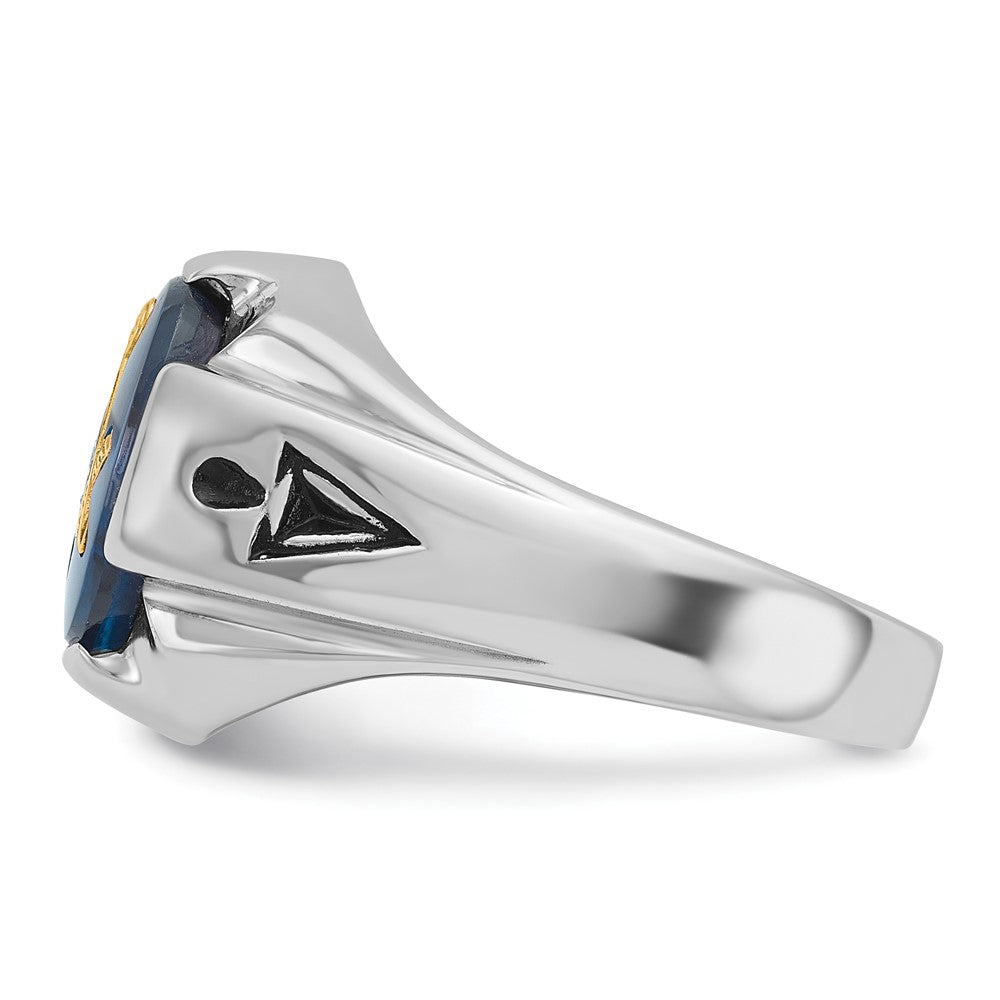 14k White Gold Mens Polished Antiqued and Grooved with Imitation Blue Spinel Masonic Ring