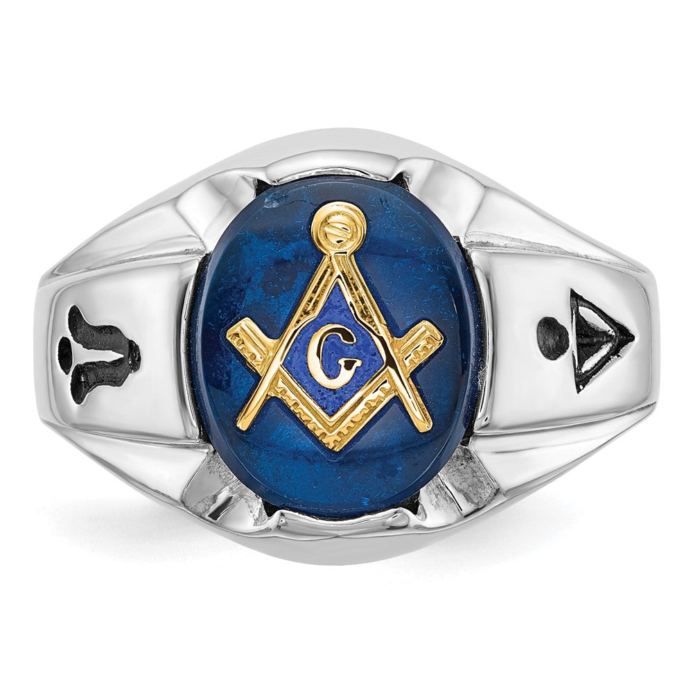 14k White Gold Mens Polished Antiqued and Grooved with Imitation Blue Spinel Masonic Ring