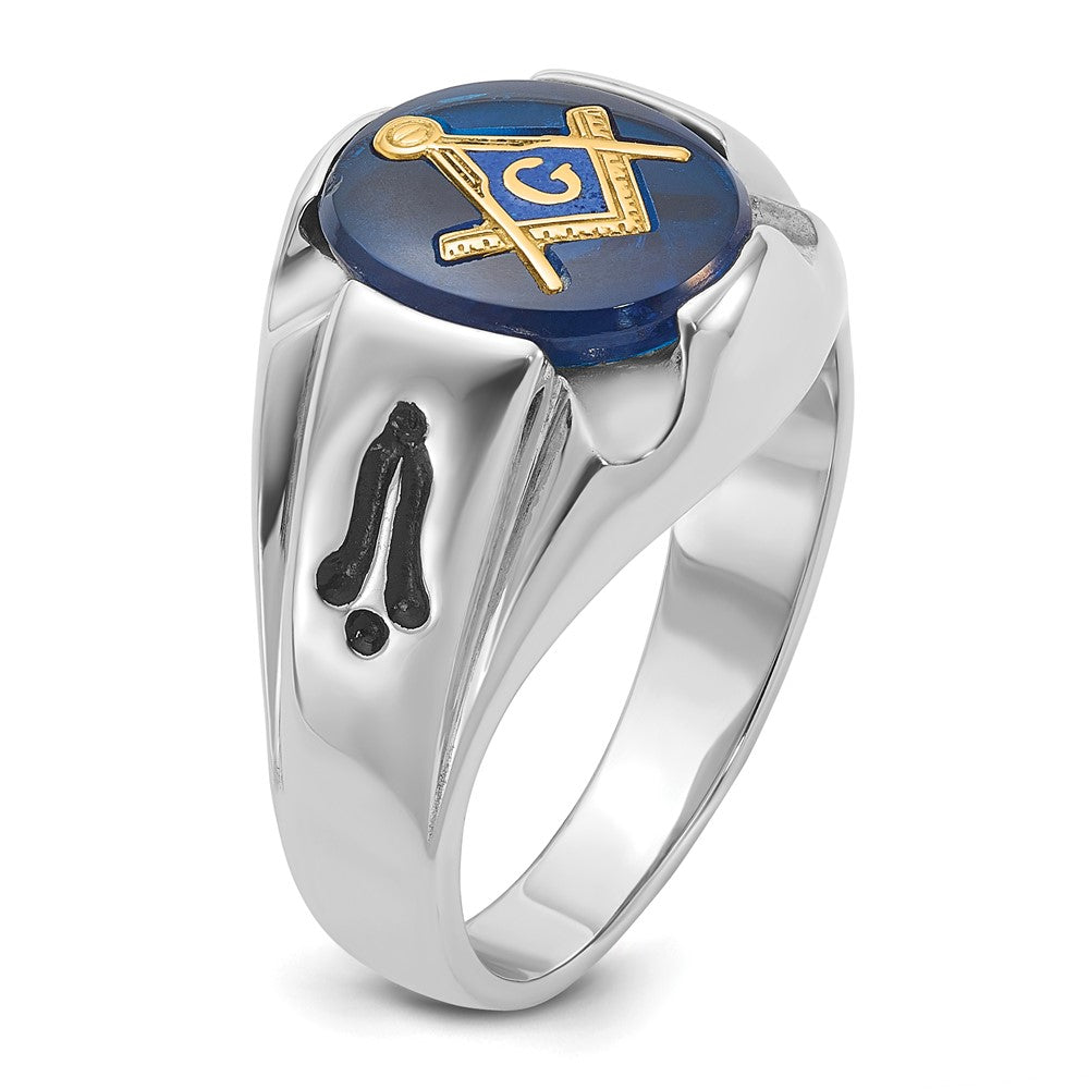 14k White Gold Mens Polished Antiqued and Grooved with Imitation Blue Spinel Masonic Ring