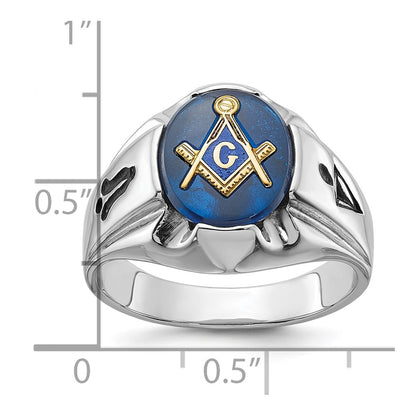 14k White Gold Mens Polished Antiqued and Grooved with Imitation Blue Spinel Masonic Ring