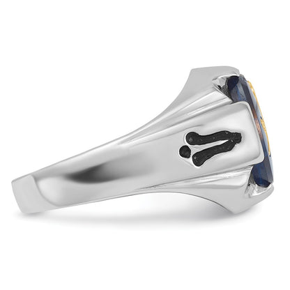 14k White Gold Mens Polished Antiqued and Grooved with Imitation Blue Spinel Masonic Ring