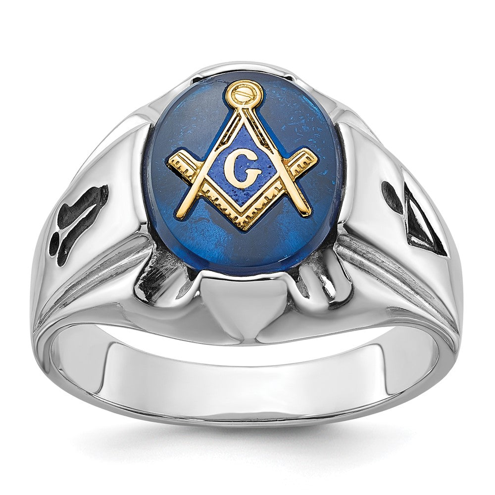 14k White Gold Mens Polished Antiqued and Grooved with Imitation Blue Spinel Masonic Ring