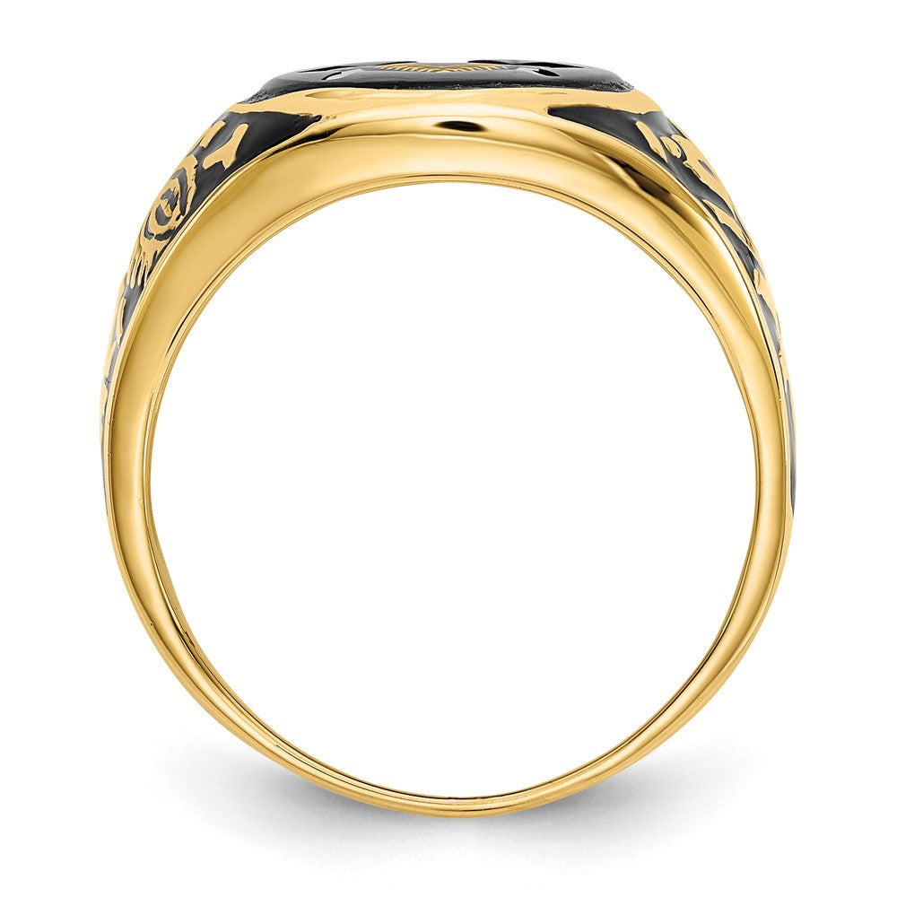 14k Yellow Gold Mens Polished and Textured with Black Enamel and Oval Onyx Masonic Ring