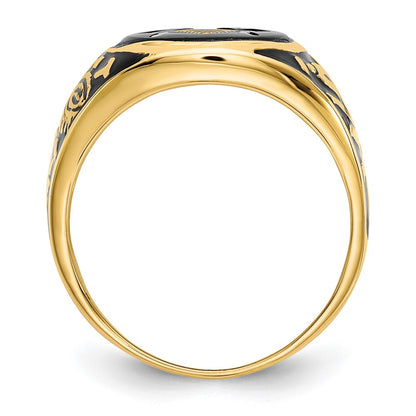 14k Yellow Gold Mens Polished and Textured with Black Enamel and Oval Onyx Masonic Ring