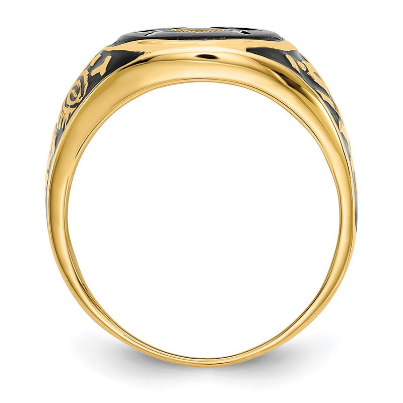 14k Yellow Gold Mens Polished and Textured with Black Enamel and Oval Onyx Masonic Ring