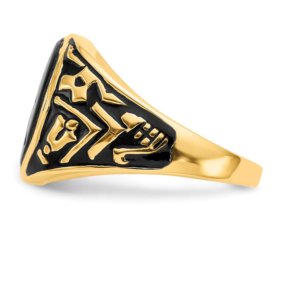 14k Yellow Gold Mens Polished and Textured with Black Enamel and Oval Onyx Masonic Ring
