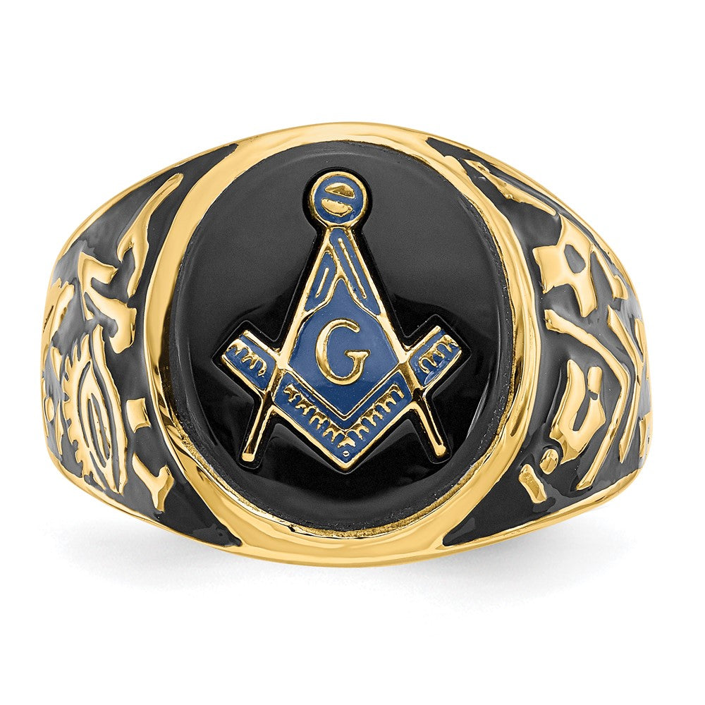 14k Yellow Gold Mens Polished and Textured with Black Enamel and Oval Onyx Masonic Ring