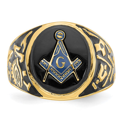 14k Yellow Gold Mens Polished and Textured with Black Enamel and Oval Onyx Masonic Ring