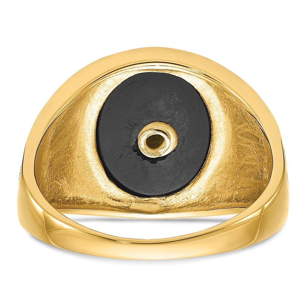 14k Yellow Gold Mens Polished and Textured with Black Enamel and Oval Onyx Masonic Ring