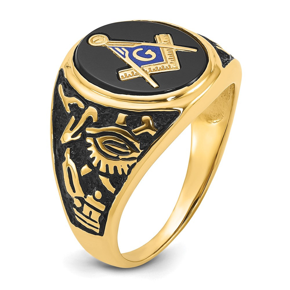 14k Yellow Gold Mens Polished and Textured with Black Enamel and Oval Onyx Masonic Ring