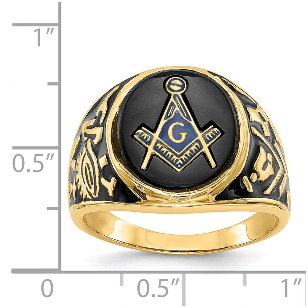 14k Yellow Gold Mens Polished and Textured with Black Enamel and Oval Onyx Masonic Ring