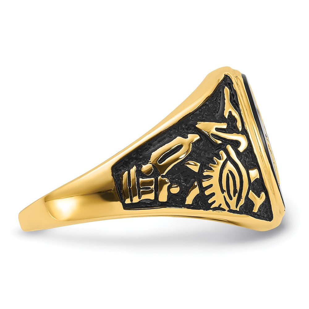 14k Yellow Gold Mens Polished and Textured with Black Enamel and Oval Onyx Masonic Ring