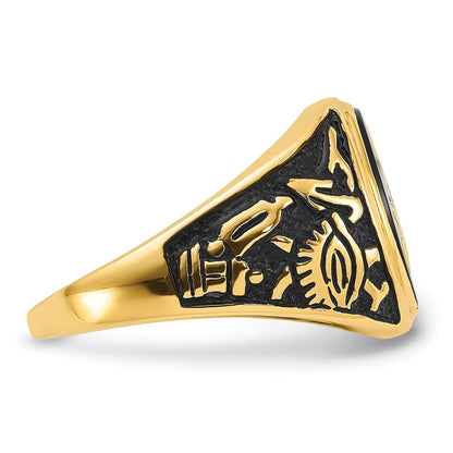14k Yellow Gold Mens Polished and Textured with Black Enamel and Oval Onyx Masonic Ring