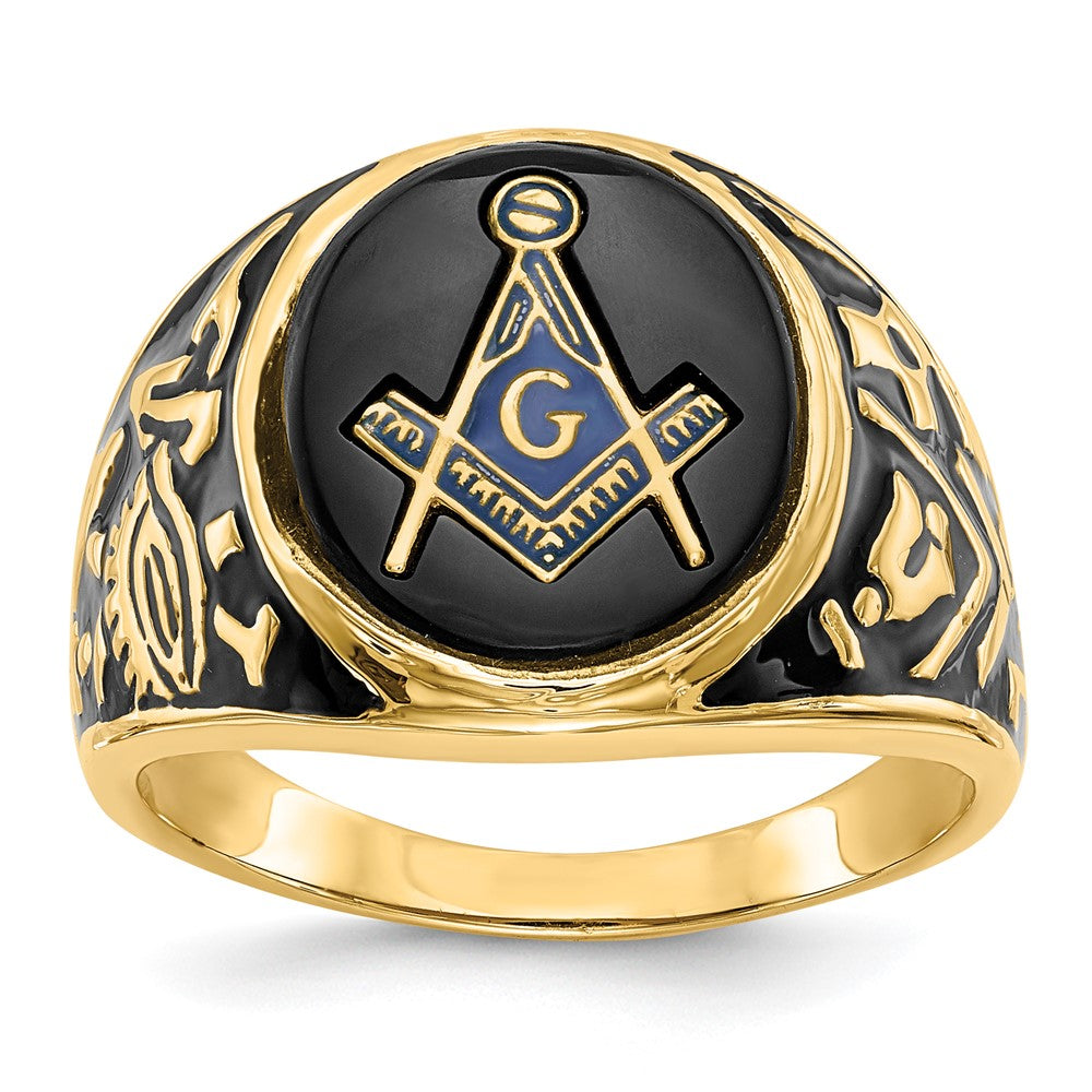 14k Yellow Gold Mens Polished and Textured with Black Enamel and Oval Onyx Masonic Ring