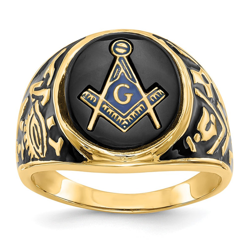 14k Yellow Gold Mens Polished and Textured with Black Enamel and Oval Onyx Masonic Ring