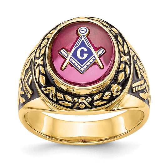 14k Yellow Gold Mens Polished Antiqued and Textured with Lab Created Ruby Masonic Ring