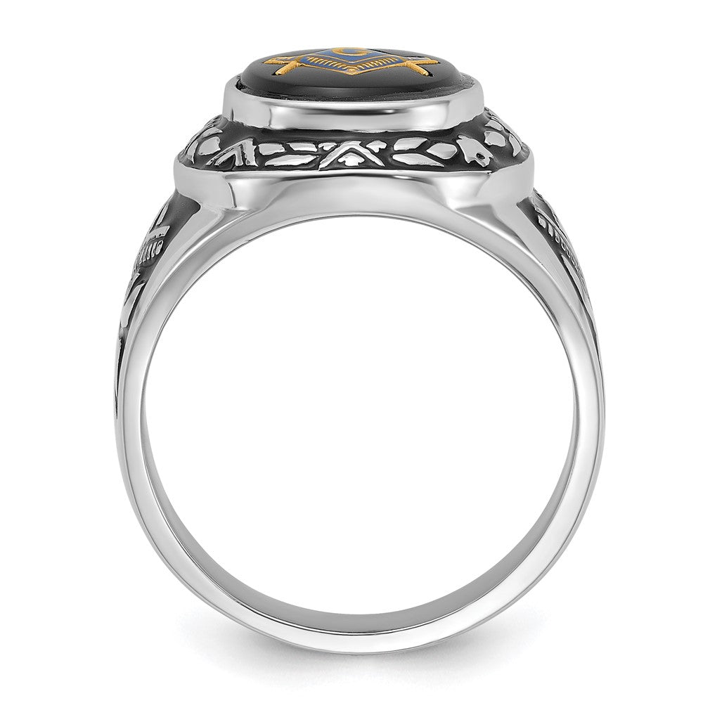 14k White Gold Mens Polished Antiqued and Textured with Oval Onyx Masonic Ring