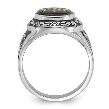 14k White Gold Mens Polished Antiqued and Textured with Oval Onyx Masonic Ring