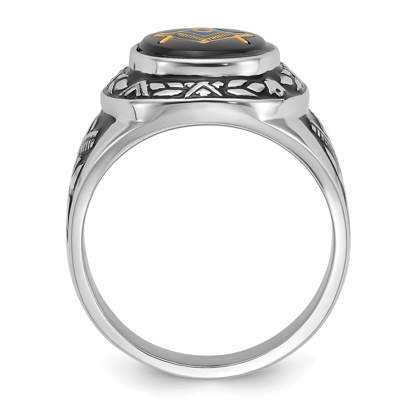 14k White Gold Mens Polished Antiqued and Textured with Oval Onyx Masonic Ring