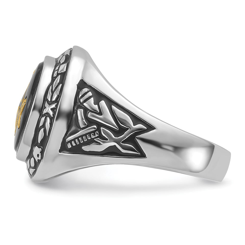 14k White Gold Mens Polished Antiqued and Textured with Oval Onyx Masonic Ring