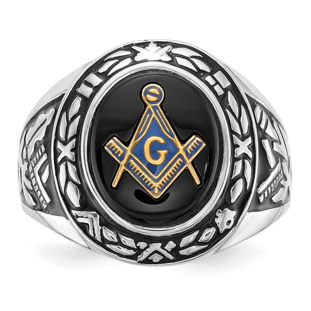 14k White Gold Mens Polished Antiqued and Textured with Oval Onyx Masonic Ring