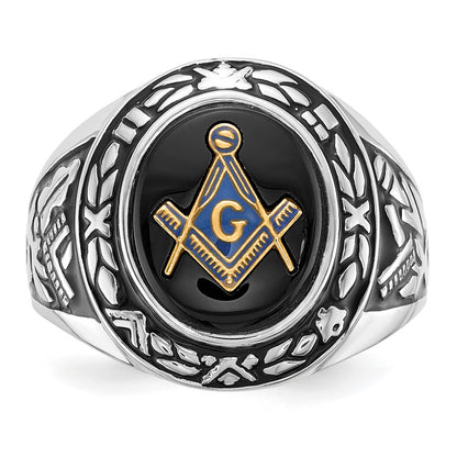 14k White Gold Mens Polished Antiqued and Textured with Oval Onyx Masonic Ring