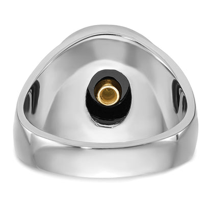 14k White Gold Mens Polished Antiqued and Textured with Oval Onyx Masonic Ring