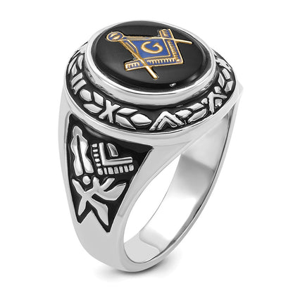 14k White Gold Mens Polished Antiqued and Textured with Oval Onyx Masonic Ring