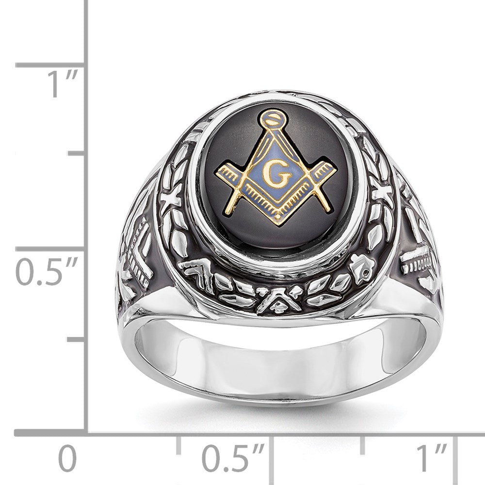 14k White Gold Mens Polished Antiqued and Textured with Oval Onyx Masonic Ring