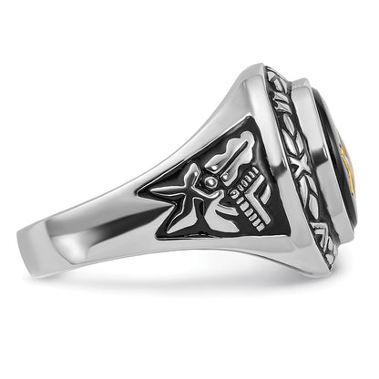 14k White Gold Mens Polished Antiqued and Textured with Oval Onyx Masonic Ring