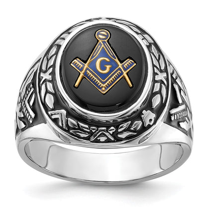 14k White Gold Mens Polished Antiqued and Textured with Oval Onyx Masonic Ring