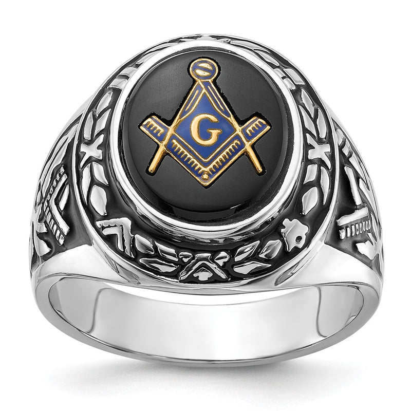 14k White Gold Mens Polished Antiqued and Textured with Oval Onyx Masonic Ring